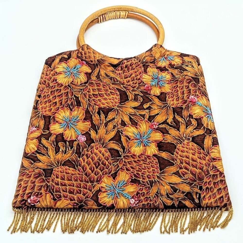 Vietnamese Cotton Beaded Cinnamon Pineapple Wood Handle Bag